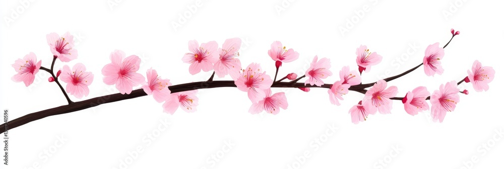Fototapeta premium Pink Cherry Blossom Branch - Delicate pink cherry blossoms in full bloom on a slender branch, isolated on a white background. Perfect for spring themes