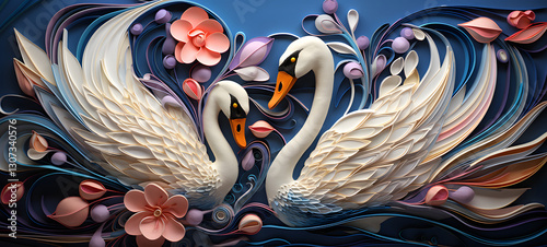 Fototapeta Naklejka Na Ścianę i Meble -  quilling paper swan family, ai generative