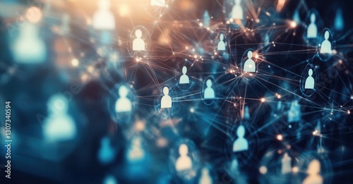 Interconnected figures symbolize networking, communication, social connections, and digital relationships in a modern, abstract design.