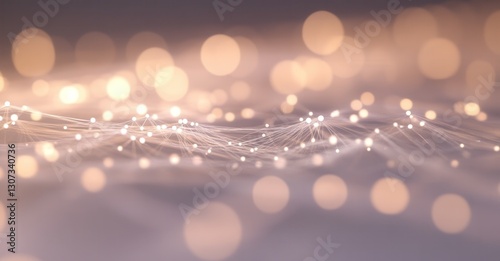 Abstract lights and network connections form a glowing web, evoking technology, communication, and interconnectedness in a soft, blurred space.