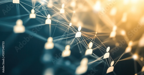 Network of connections and people represented by glowing nodes and lines. A connected world through technology and data flows.