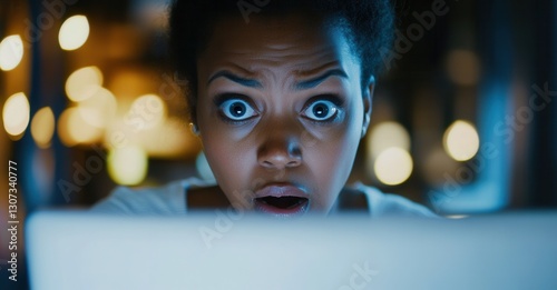 Woman stares wide-eyed at a computer screen, her mouth agape in shock, against a blurred, out-of-focus background. She seems startled.