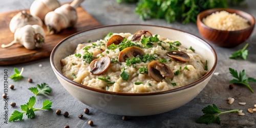 Creamy mushroom risotto topped with parsley and Parmesan cheese