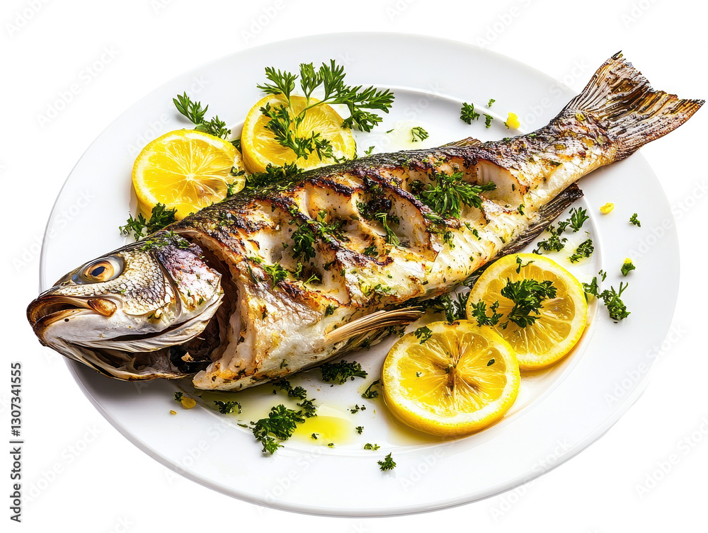 Isolated Grilled Fish with Lemon