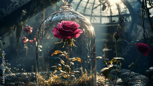 Beautiful pink rose under glass dome in magical, dimly lit setting with ethereal light and enchanting atmosphere