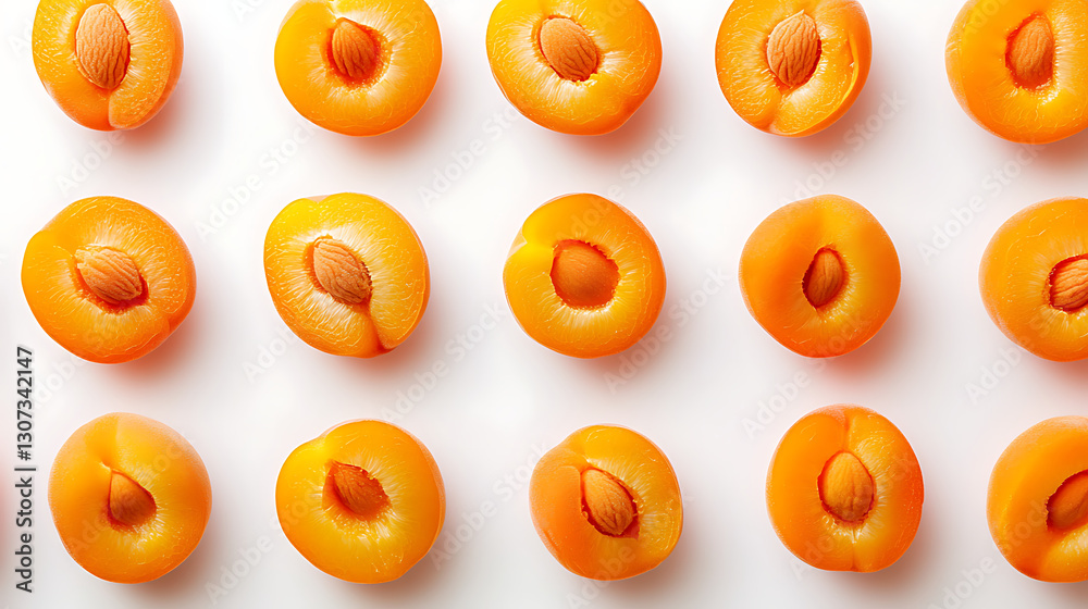 Pattern of Halved Apricots with Visible Pits Arranged in Grid Formation on White Background Pattern of Halved Apricots with Visible Pits Arranged in Grid Formation on White Background