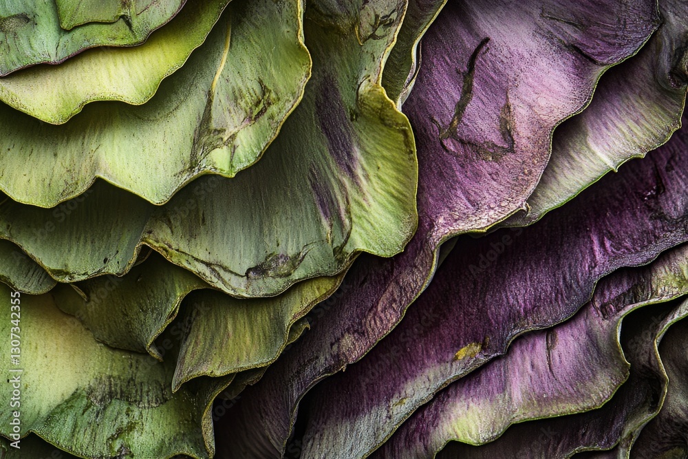 Fototapeta premium Close-up of colorful cabbage leaf layers in green and purple