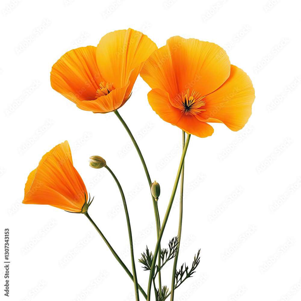Obraz premium PNG California poppy flowers isolated on white background with delicate petals and slender stems 