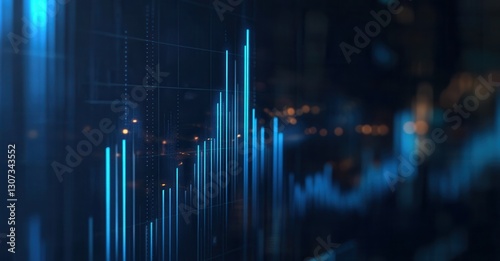 Digital growth chart showing upward trend with glowing blue lines against a dark background, representing success and financial progress.