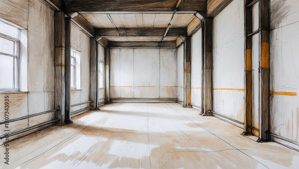 Empty room sketch with white walls, dark beams and light floor. Room has windows and yellow line detail near ceiling. Empty room sketch with white walls, dark beams and light floor. Room has windows and yellow line detail near ceiling.