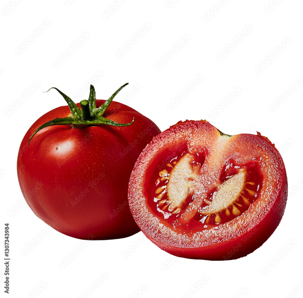 Fototapeta premium On a white background, a tomato that is fully ripe is presented cut in half for viewing