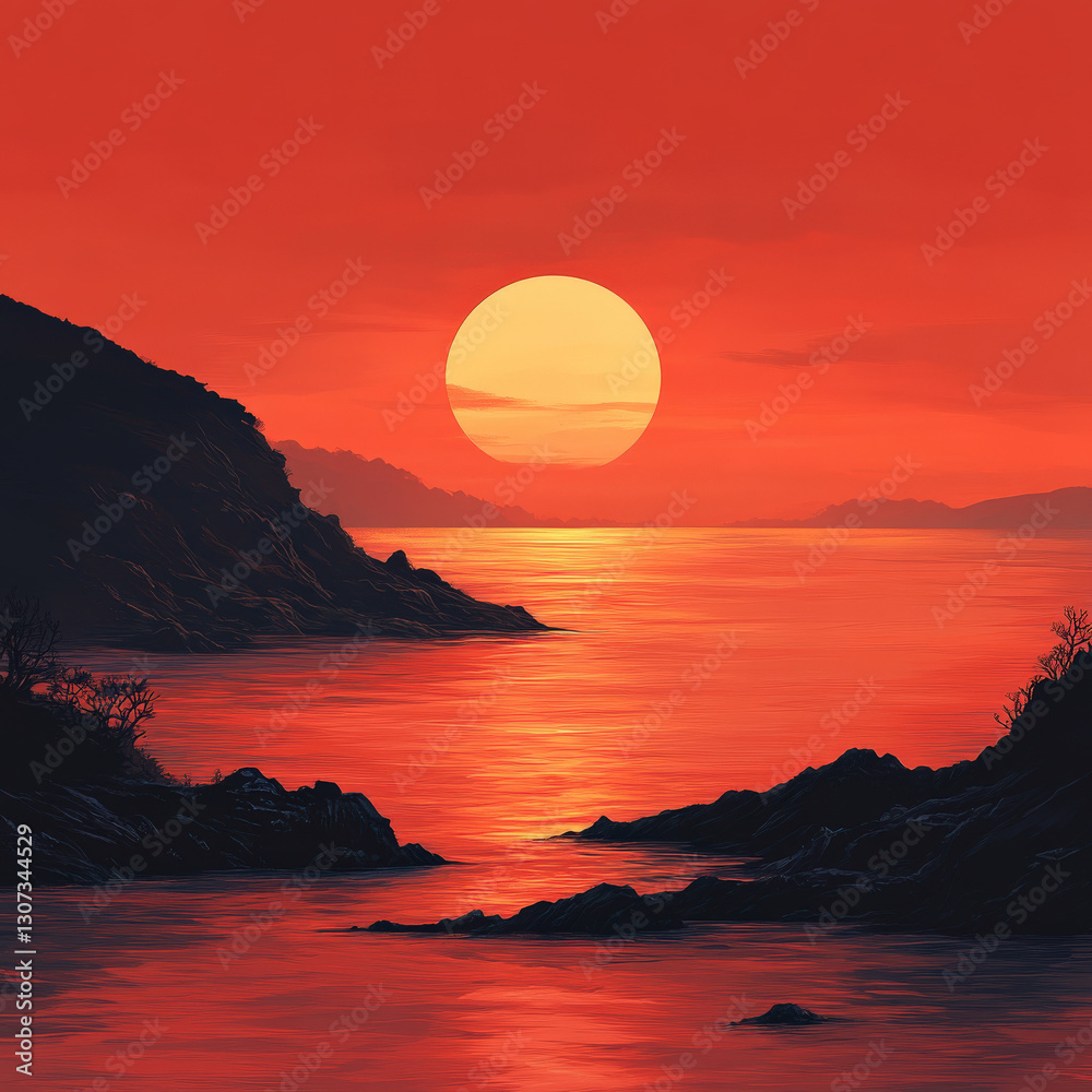 Fototapeta premium Sunset reflections on serene waters coastal landscape digital art tranquil environment wide angle view nature's beauty