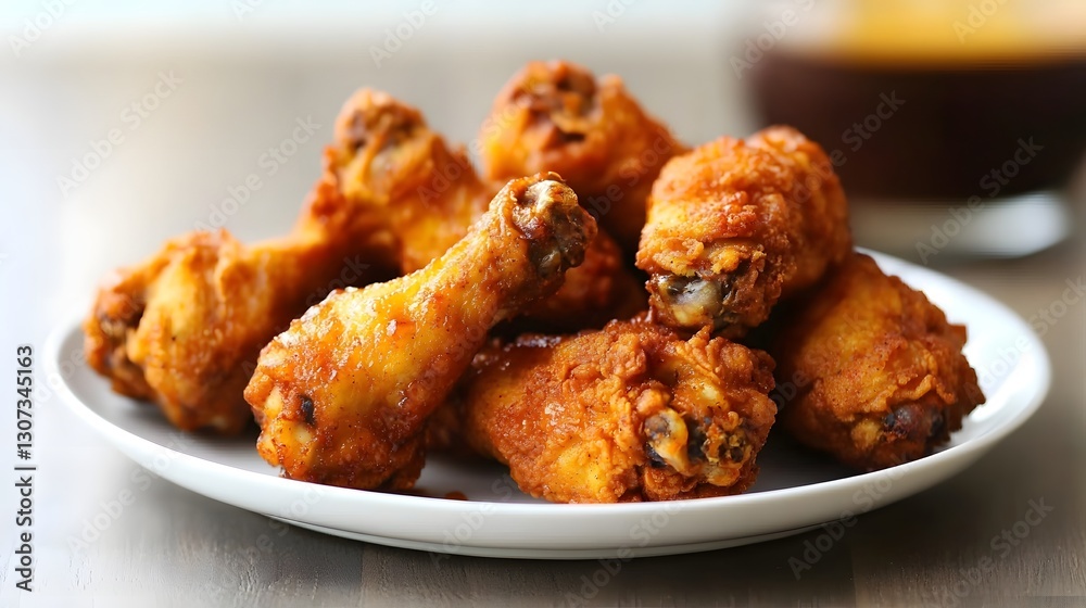 A close up image of a plate filled with crispy fried chicken wings that are coated in a sticky flavorful barbecue sauce The wings appear golden brown and appetizing with a tempting A close up image of a plate filled with crispy fried chicken wings that are coated in a sticky flavorful barbecue sauce The wings appear golden brown and appetizing with a tempting