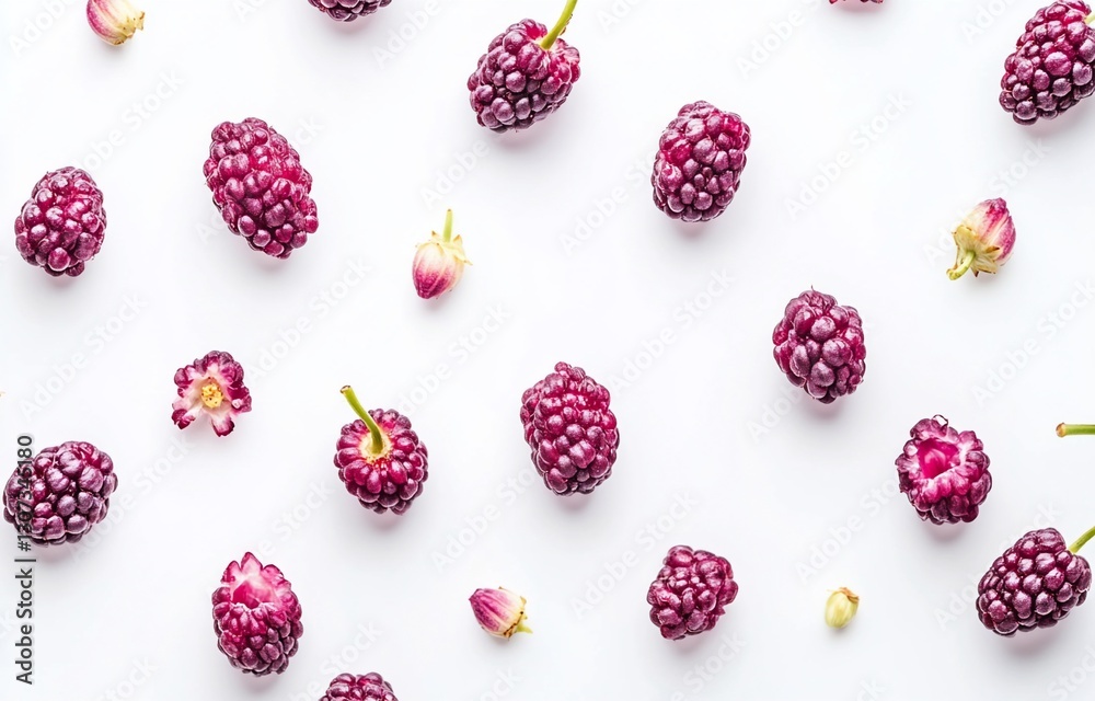Flat lay of fresh mulberries arranged in a pattern on white background.