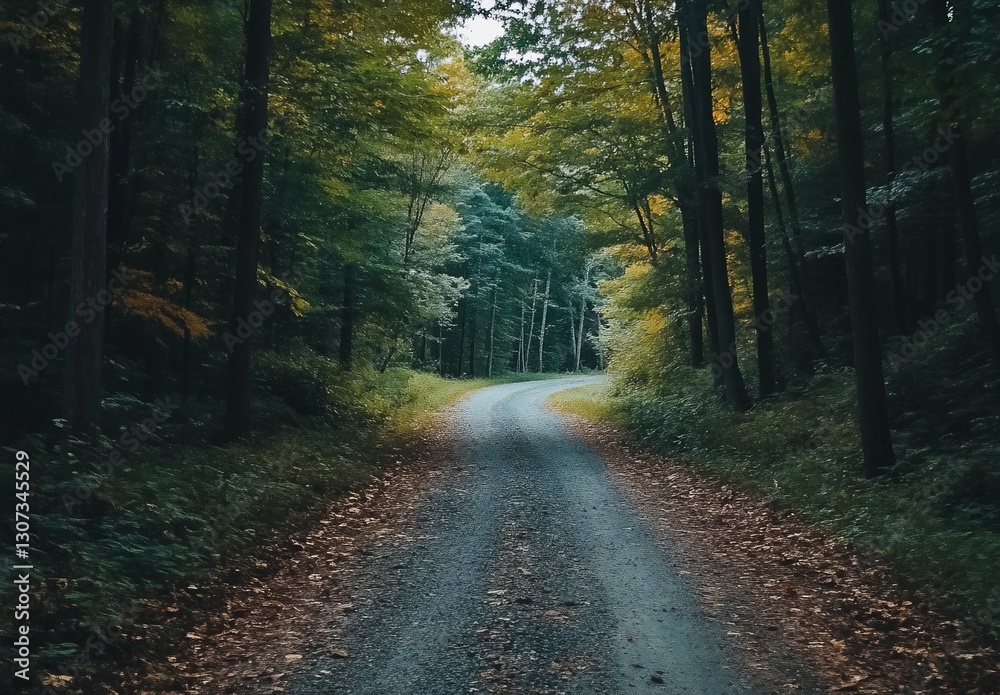 Fototapeta premium Serene autumnal forest road curving through lush green and yellow trees.