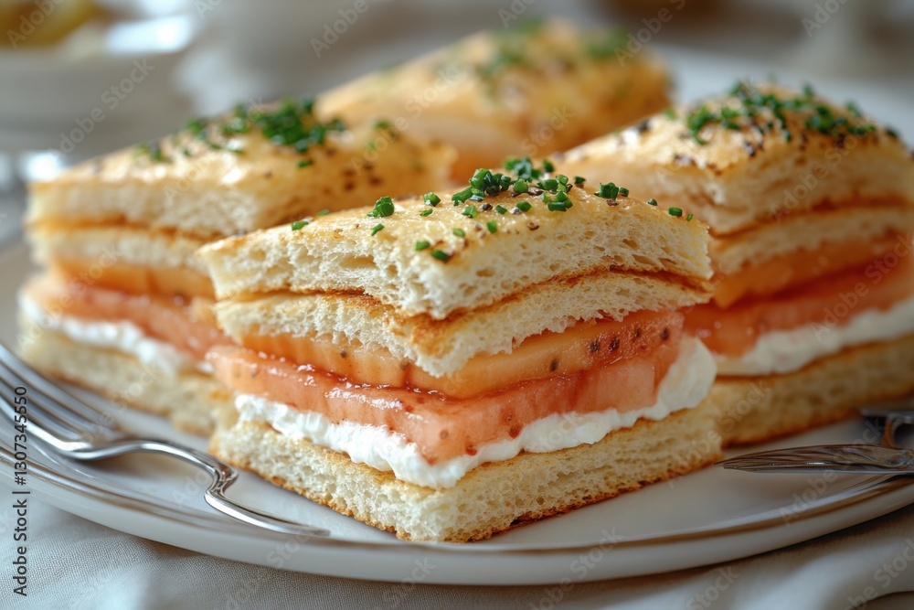 Delicious appetizers: Small sandwiches with cream cheese melon and chives displayed on a white plate with a fork ready to eat Delicious appetizers: Small sandwiches with cream cheese melon and chives displayed on a white plate with a fork ready to eat