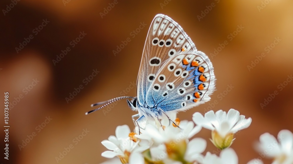 Resting Butterfly on White Flowers with a Blurry Brown Background Resting Butterfly on White Flowers with a Blurry Brown Background