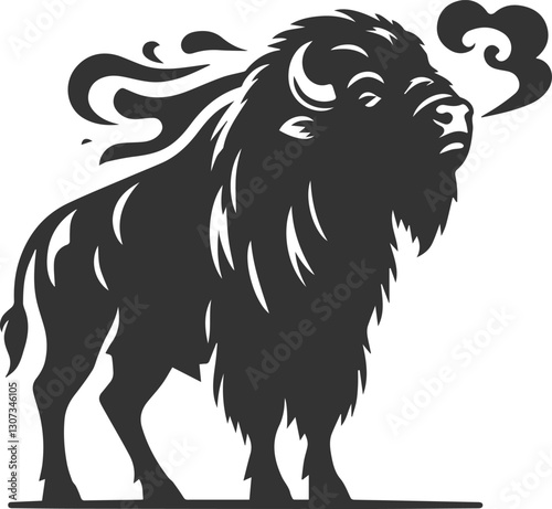 Buffalo standing tall, snorting with steam from nostrils animal vector silhouette