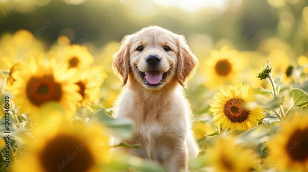 Happy Golden Retriever Puppy in a Sunflower Field Happy Golden Retriever Puppy in a Sunflower Field
