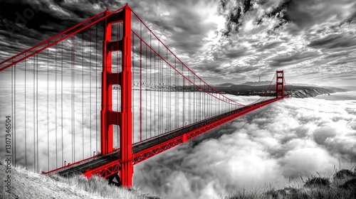 Red Golden Gate Bridge, clouds, black and white photography, red color pop, hyperrealistic, wide-angle