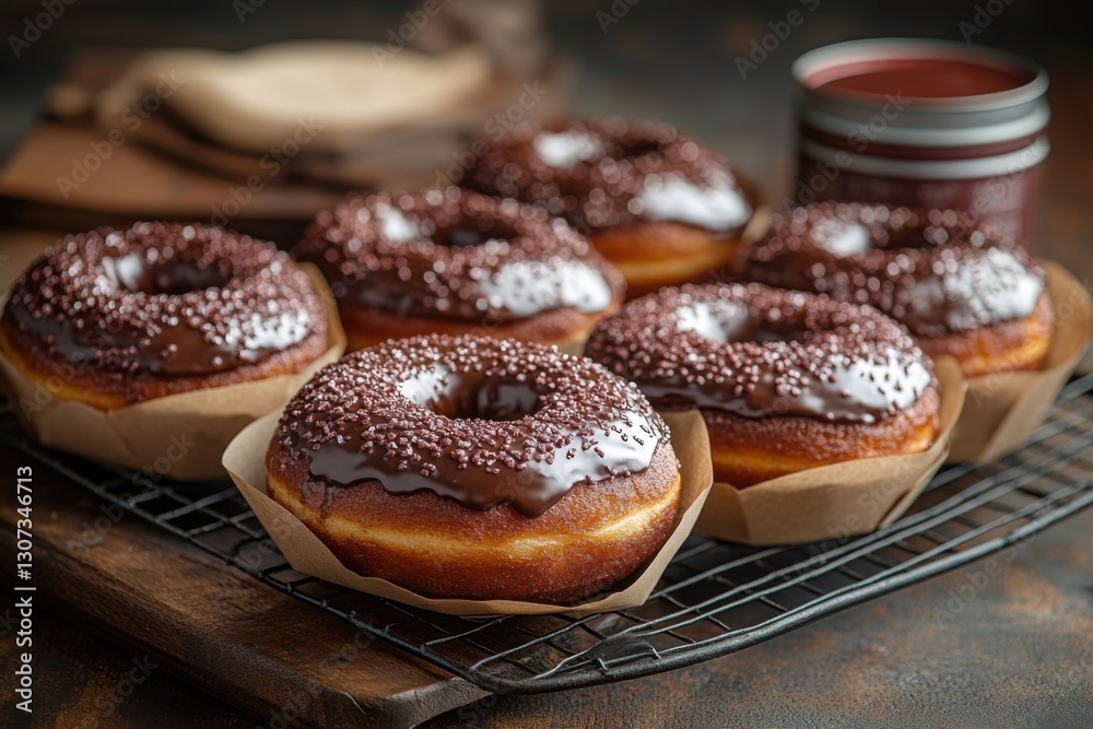 Chocolate frosted donuts with sprinkles sit on a cooling rack promising a delicious and sweet treat Ready to enjoy! Chocolate frosted donuts with sprinkles sit on a cooling rack promising a delicious and sweet treat Ready to enjoy!