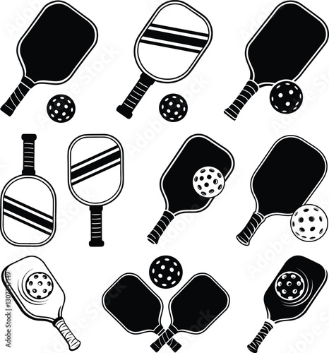 Pickleball racket and ball silhouette, Pickleball bundle silhouette, Pickleball with beat Pickleball paddles silhouette