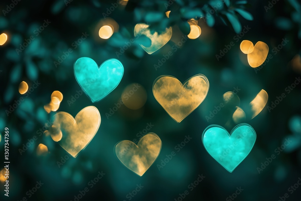 Obraz premium Colorful heart decorations suspended in air, blurred background with soft glowing lights