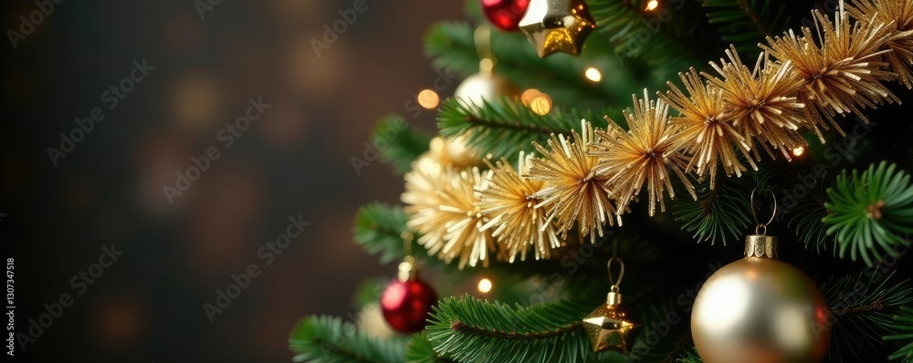 Fototapeta premium Gold and silver garland covered Christmas tree, decorations,