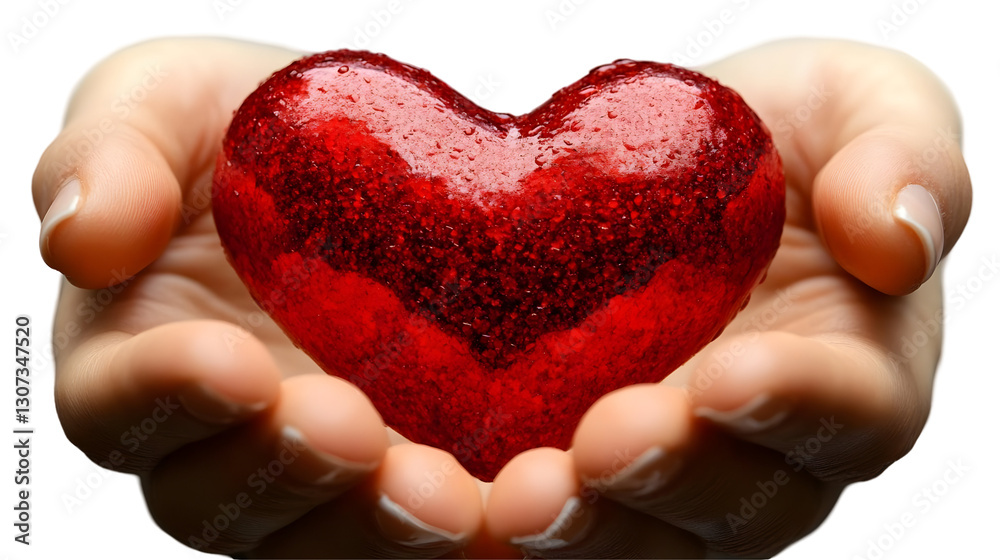 Obraz premium Hands Holding Red Heart with Water Drops, Isolated on White Background