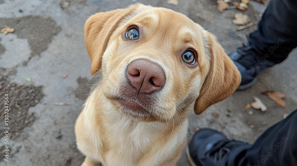 Adorable Puppy Looking Up at Its Owner with Big, Sparkling Eyes in a Heartwarming Moment Adorable Puppy Looking Up at Its Owner with Big, Sparkling Eyes in a Heartwarming Moment