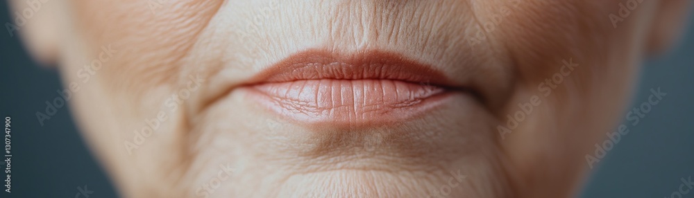 Fototapeta premium Close-up of an elderly woman's healthy lips showcasing a soft pink tint and delicate lines, highlighted by warm golden light, embodying a luxurious organic beauty style