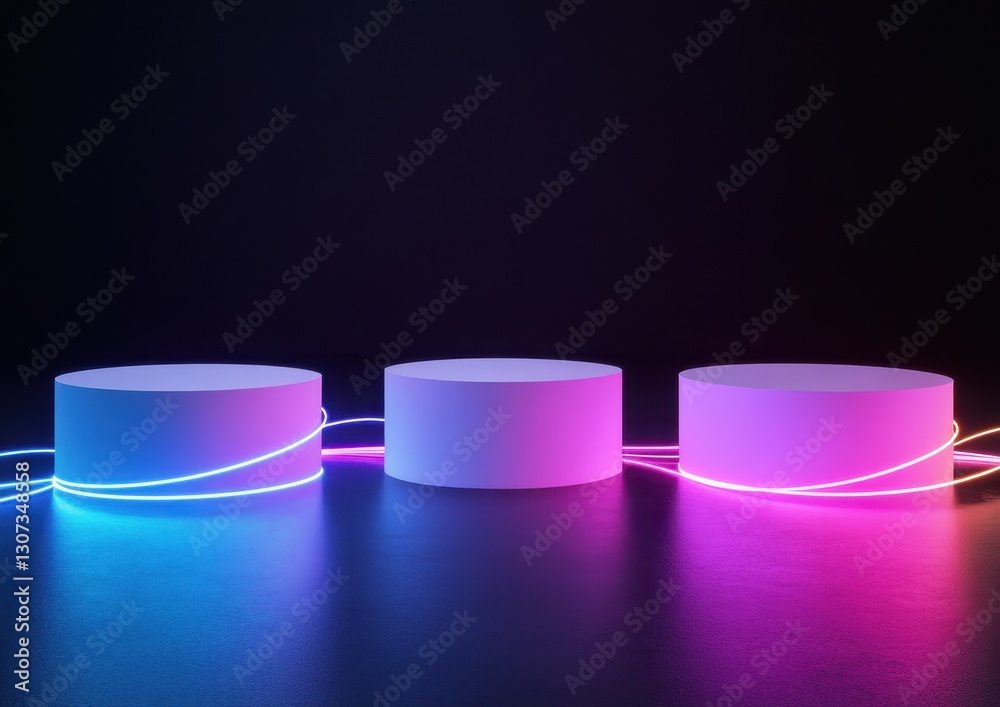 Abstract composition of illuminated circular platforms with vibrant neon light trails in a dark studio setting for modern design and technology themes Abstract composition of illuminated circular platforms with vibrant neon light trails in a dark studio setting for modern design and technology themes