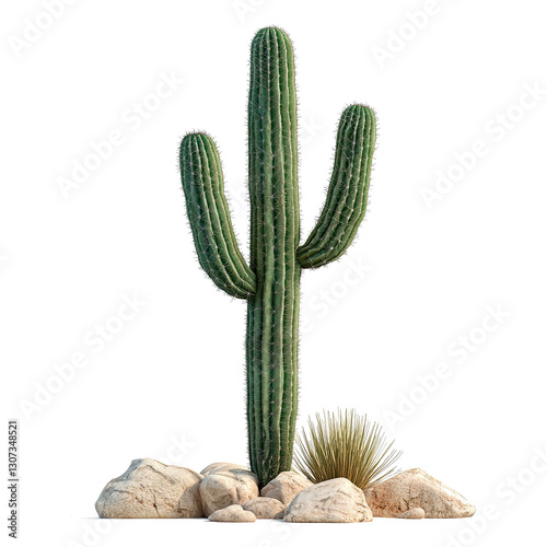 PNG realistic desert saguaro cactus with rocks isolated on white background in botanical nature design