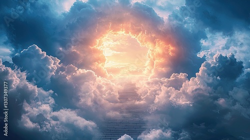 Stairway through the clouds leading to an open gate of heaven, photographic style