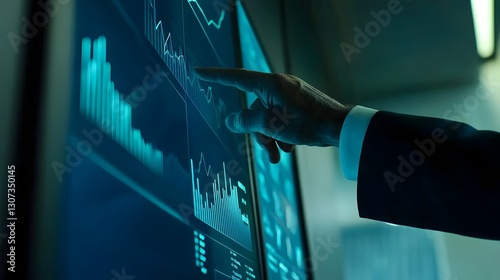 Close up of an executive in a suit pointing at a digital performance chart or graph displayed on a touchscreen monitor in a modern futuristic looking boardroom or office setting