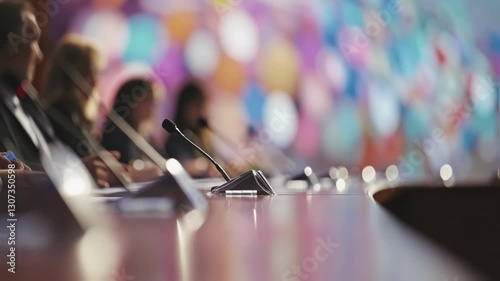 Politicians and government officials sit at a conference table, engaging in discussions during an official press briefing, with microphones capturing their statements for media dissemination