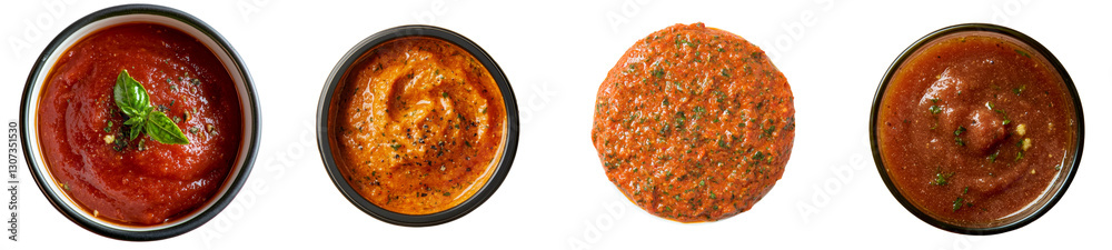 On a white background, an isolated top view of ajvar, a dish of red paprika, pepper and eggplant On a white background, an isolated top view of ajvar, a dish of red paprika, pepper and eggplant