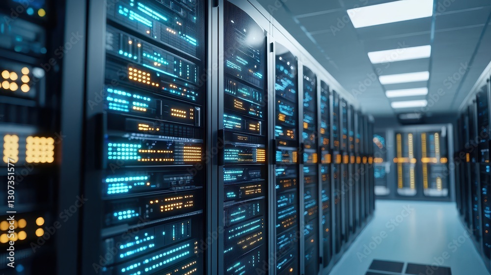 A modern data center with rows of servers illuminated by blue and orange lights, showcasing advanced technology and efficient design. A modern data center with rows of servers illuminated by blue and orange lights, showcasing advanced technology and efficient design.