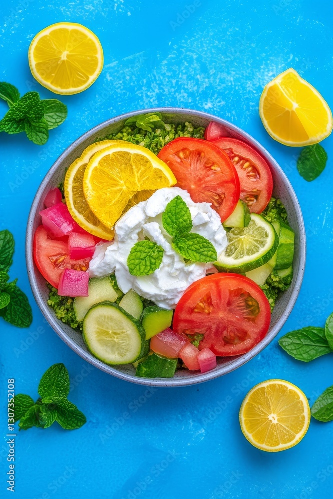 Deliciosa ensalada de tabulé vista desde arriba con ingredientes frescos y coloridos Deliciosa ensalada de tabulé vista desde arriba con ingredientes frescos y coloridos