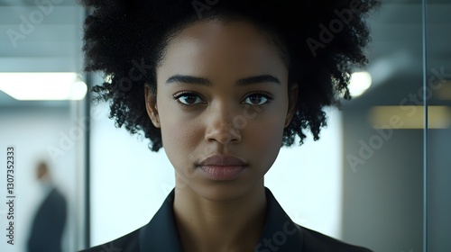 Confident and Determined Female Business Leader Stands Proudly in a Modern Corporate Office Exuding Authority and Ambition