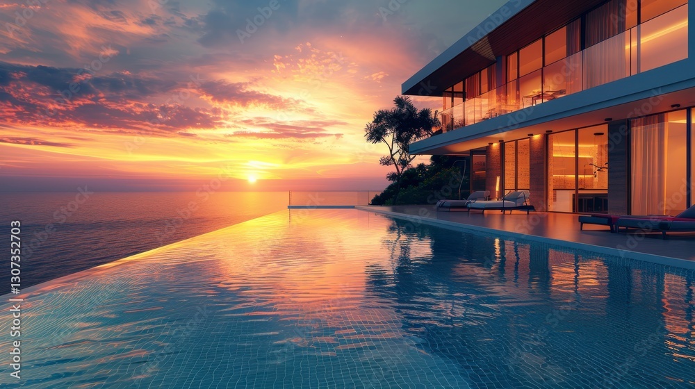 Fototapeta premium Luxury Oceanfront Villa at Sunset with Infinity Pool