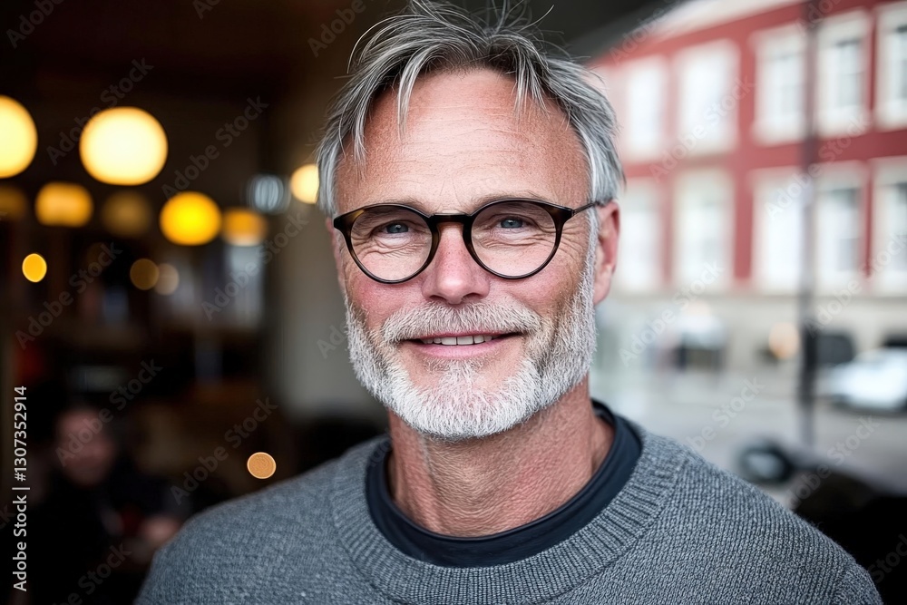 Fototapeta premium Portrait of smiling senior man with grey hair and glasses showing happiness