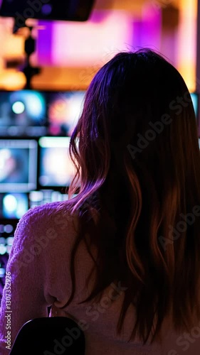 Woman observing multiple screens in a dimly lit control room during a live broadcast event