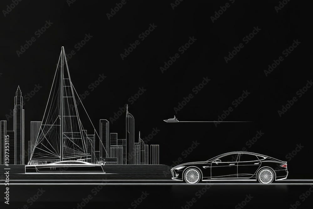 Obraz premium side view, minimalist style, white wireframe with black background of sailing a sleek modern motor yacht on the wavy ocean