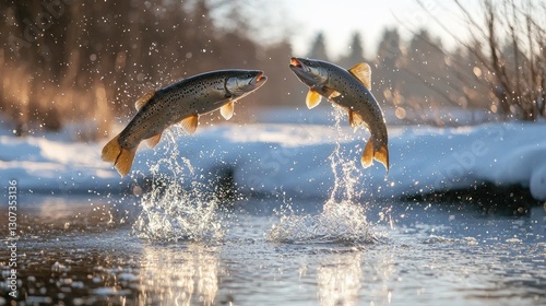 Two fish jumping out of the ice on the river in winter