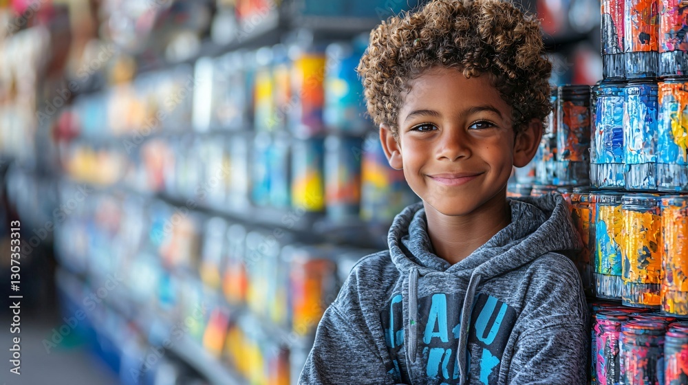 Smiling young boy with curly hair leaning against a colorful paint can backdrop in an art store environment Smiling young boy with curly hair leaning against a colorful paint can backdrop in an art store environment