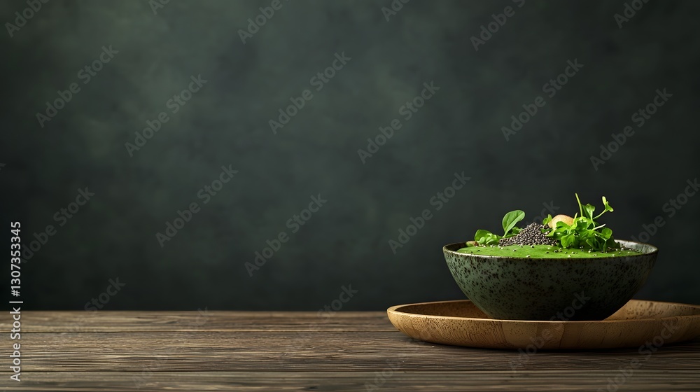Detox Green Smoothie Bowl Featuring Spinach Kiwi and Chia Seeds Beautifully Arranged on a Bamboo Plate Against a Dark Background This Healthy Vegan Detox Green Smoothie Bowl Featuring Spinach Kiwi and Chia Seeds Beautifully Arranged on a Bamboo Plate Against a Dark Background This Healthy Vegan