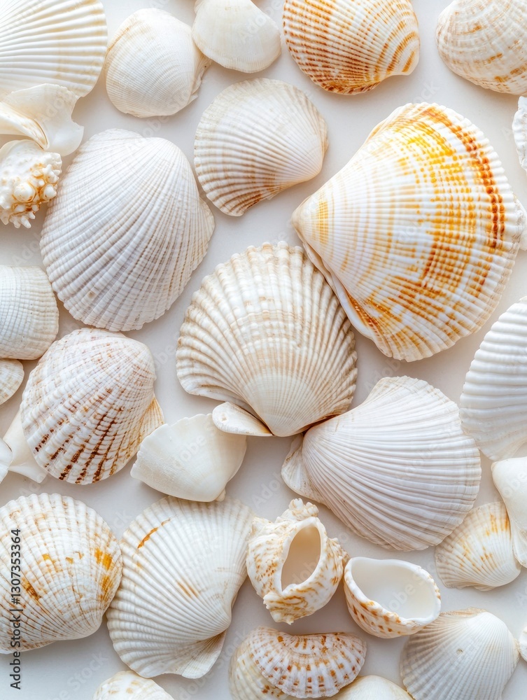 Seashells Background Pattern with White and Cream Shells Flat Lay Seashells Background Pattern with White and Cream Shells Flat Lay