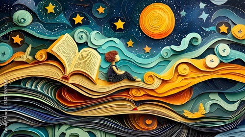 Detailed Layered Paper Cut of a Child Dreaming Under a Starry Night Sky Filled with Books and Learning Symbols Representing Imagination Creativity and the Joy of Education and Discovery