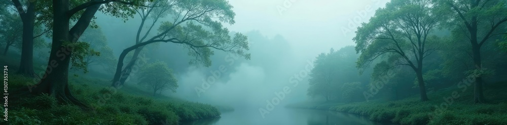Foggy forest with mist swirling through the trees, lush, trees Foggy forest with mist swirling through the trees, lush, trees